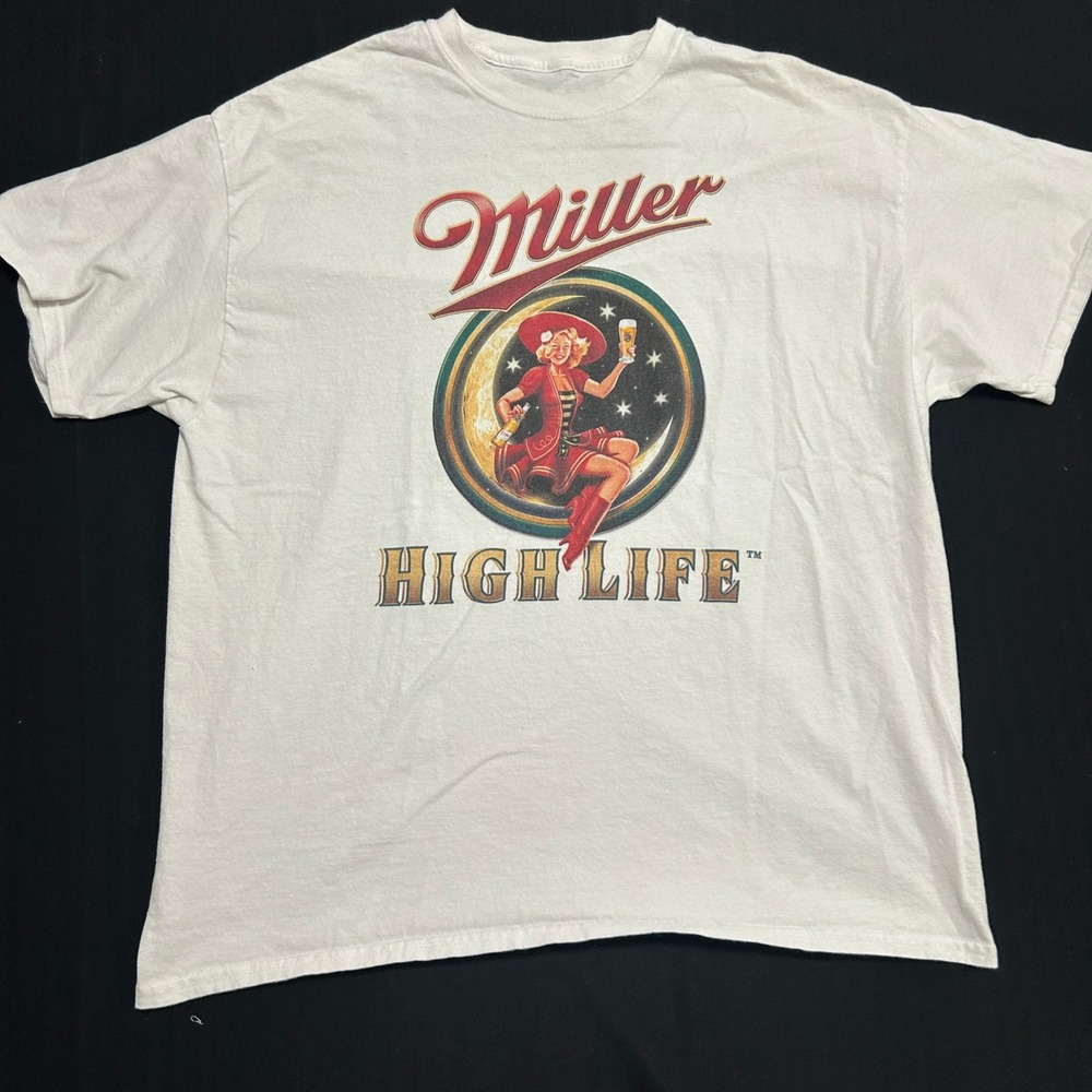 Vintage Miller High Life Girl in the Moon Graphic T-Shirt White Large Beer Tee